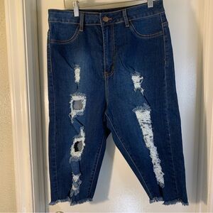 Fashion Nova Dark Blue Distressed Cropped Jeans